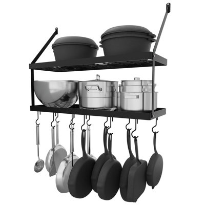 Wall Mounted Pot Rack 2 Tier 30-Inch Pots and Pans Hanging Rack with 12 Hooks Matte Black