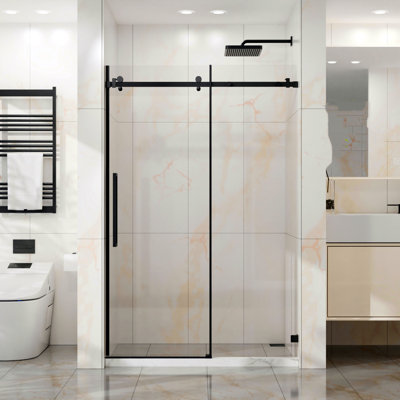 48-Inch Wide X 72-Inch Tall Sliding Shower Door, Frameless Smooth Glass Shower Door, 1/4-Inch Thick Tempered Clear Glass, Matte Black