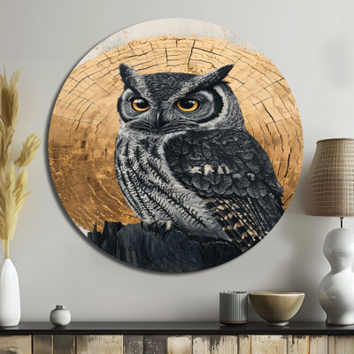 Dalk Owl Into Golden Forest Landscape I - Décoration murale moderne en métal gris