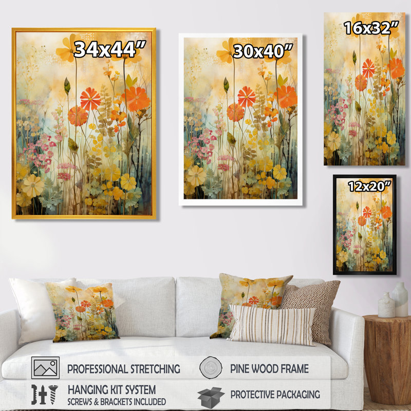 Décoration murale grunge rétro - fleurs sauvages, H 20 po x l 12 po x P 1 po, Toile avec cadre flottant noir