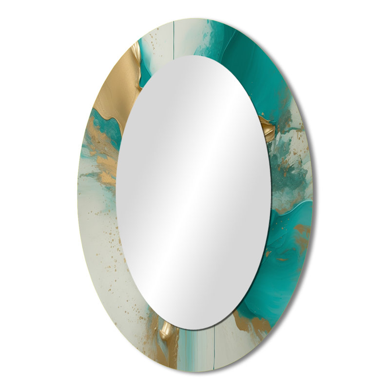 Marbre doré et turquoise Fuild Ink II - Grand miroir mural ovale sur métal, 36 po x 24 po