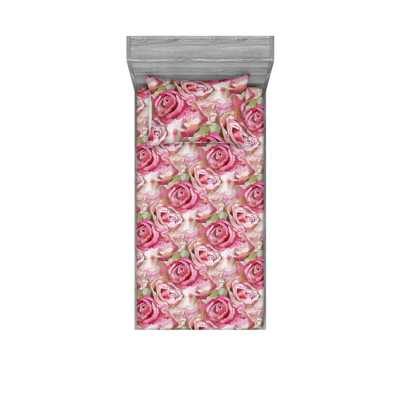 Drap-housse et taies décoratives 3 pièces Ambesonne, Rose, vert pistache / floral