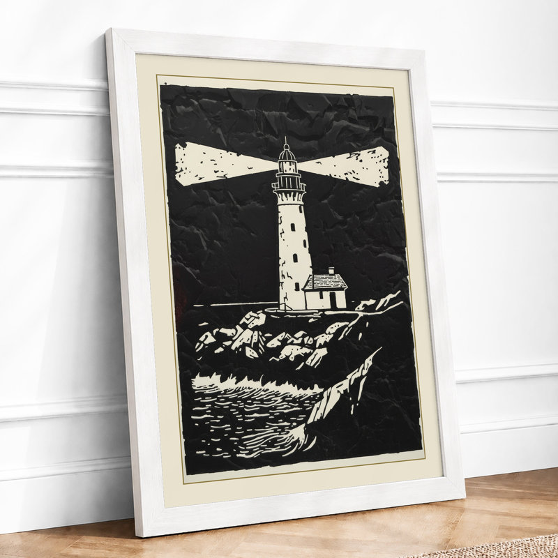 Lighthouse at Night Coastal - Framed Print, A4 - 29.7 x 21.0 cm, White
