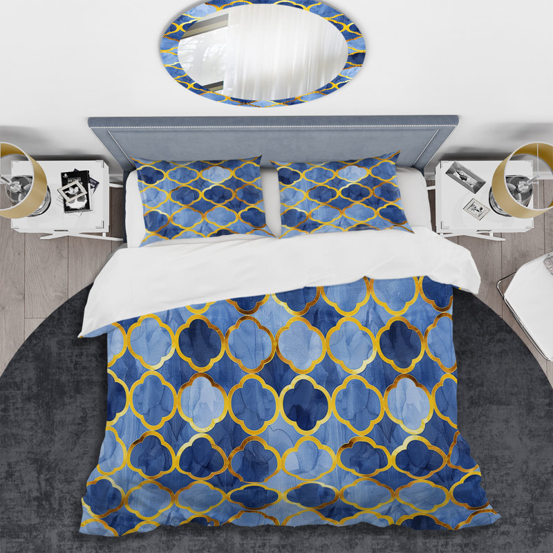 Ensemble de housse de couette moderne Blue Gold Modern Trellis Glam I, Housse de couette simple et deux taies décorative