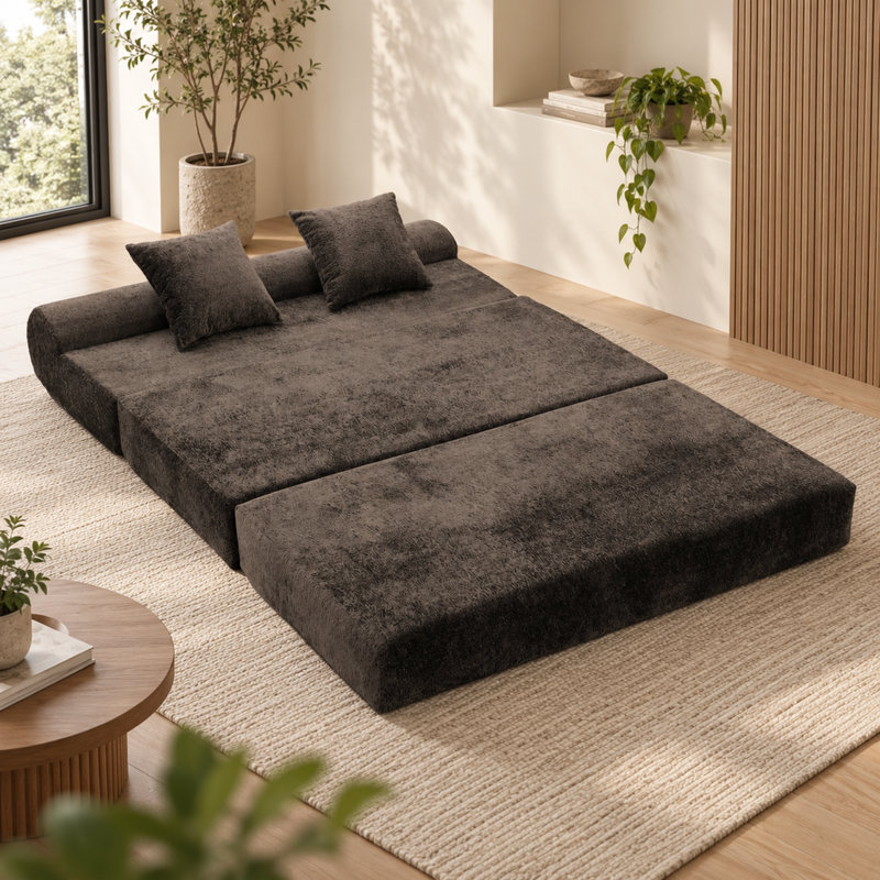 Canapé-lit convertible en chenille marron avec 2 places et design pliable au sol