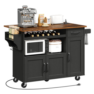 47'' Rolling Kitchen Cart with Microwave Shelf and Power Outlet, Drop Leaf Countertop Storage Island, Table with Drawer & Wine Rack