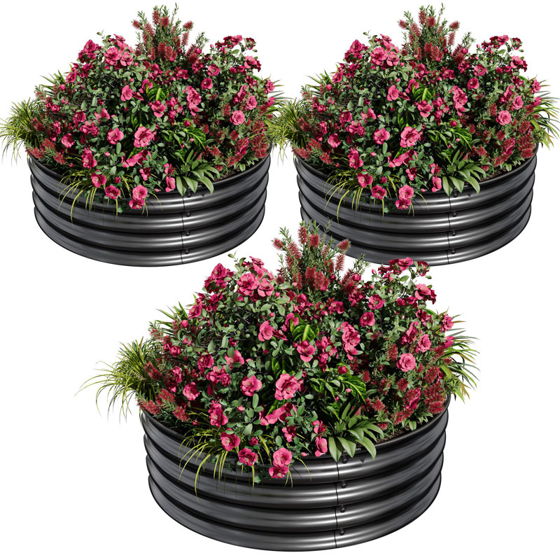 3 Pack Round Galvanized Steel Raised Garden Bed 2x2x1 ft, Rust-Resistant Planter Box for Patio Garden, Black