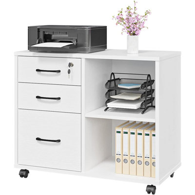 Classeur mobile 3 tiroirs avec tablette de rangement ouverte, support pour imprimante à roulettes, organiseur de bureau, blanc