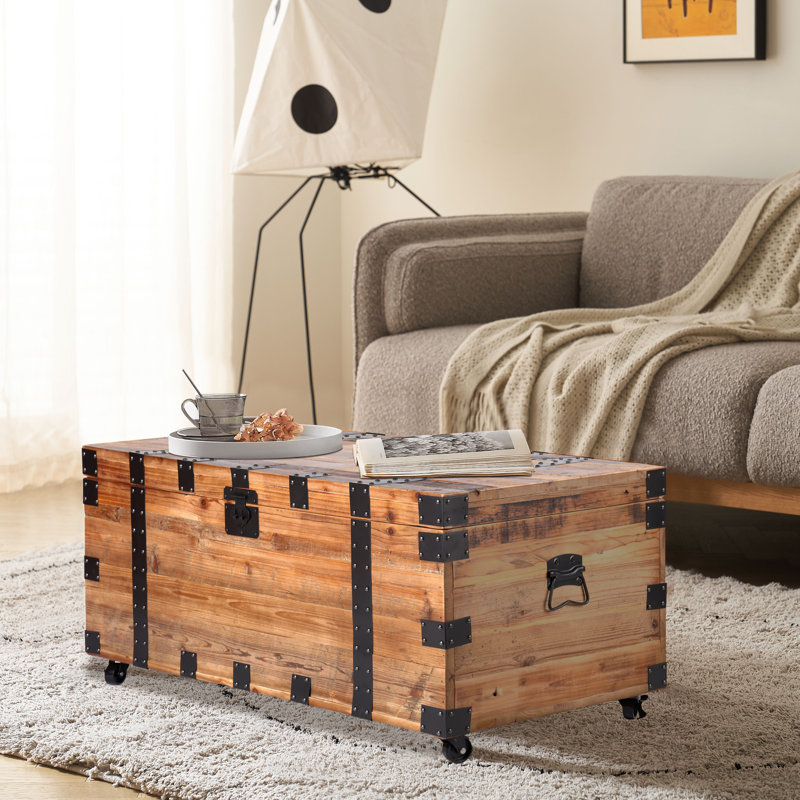 Table basse avec rangement à quatre roues et grande capacité, bois récupéré naturel / métal noir