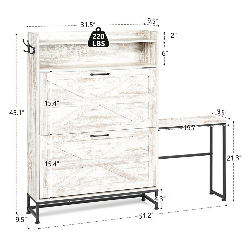Rangement pour chaussures de grande capacité en blanc, 2 tiroirs rabattables avec fentes réglables, rétro rustique, basculant, armoire d'entrée pour le vestibule: tiroir amovible de style rétro et pantoufle