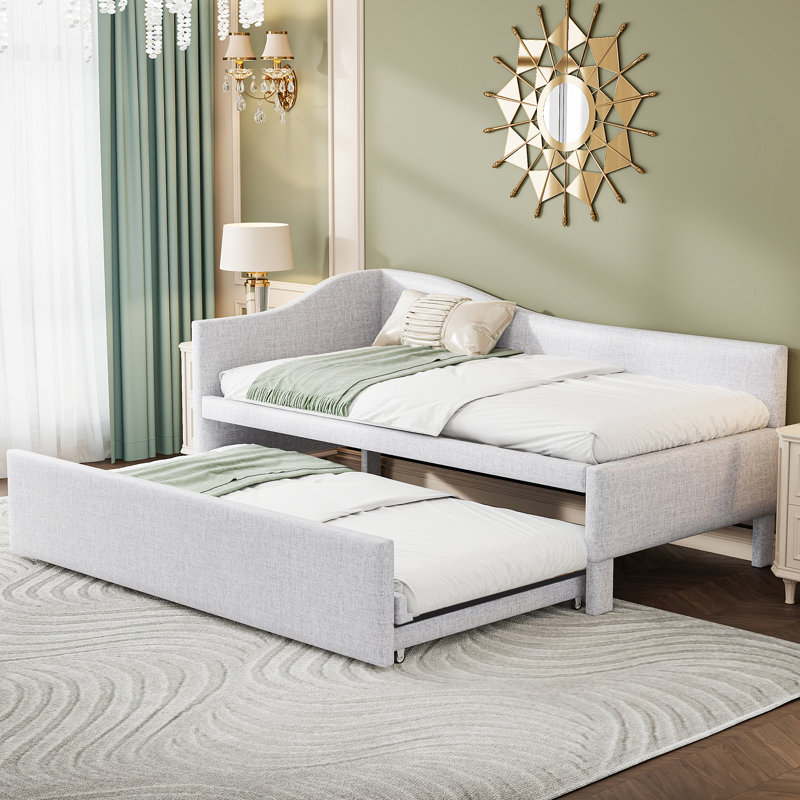 Lit de jour simple tapissier en L rembourré avec couchette escamotable, beige, Beige