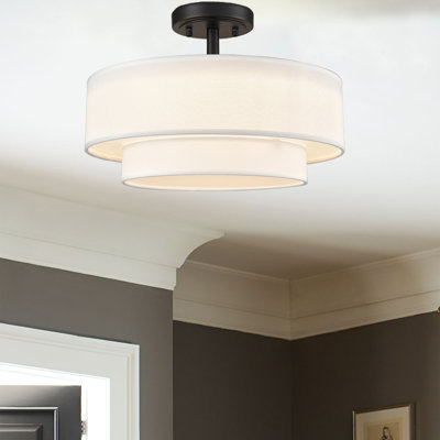 Dimmable Black Semi Flush Mount LED Light with Drum Linen Shade