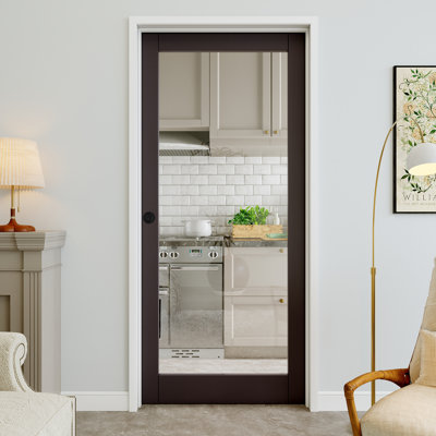 Porte pré-montée intérieure en verre transparent 32 po x 80 po 1-Lite avec bouton rond et charnières argentées, plaque de porte en verre transparent, insonorisant et imperméable, combinaison pour la lessive, portes de placard, portes de chambre, droite