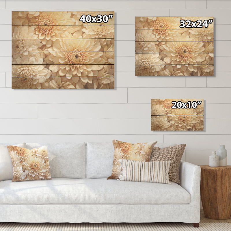«Pure White Chrysanthemums Magic I - Chrysanthemums Wood, art mural sur bois de pin naturel, H 10 po x l 20 po