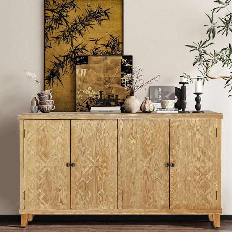 Armoire d'appoint 59 po en bois naturel, 4 portes, finition brune, optimisation du rangement de la salle à manger