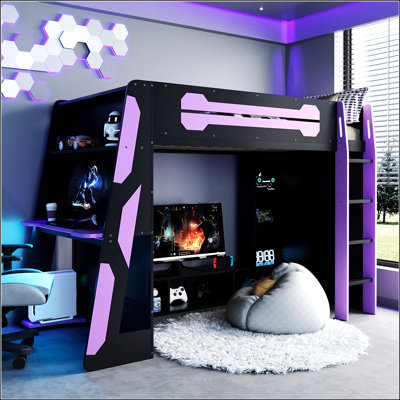 Lit mezzanine simple en bois avec bureau, tablettes multiples et lumière RVB pour les amateurs de sport