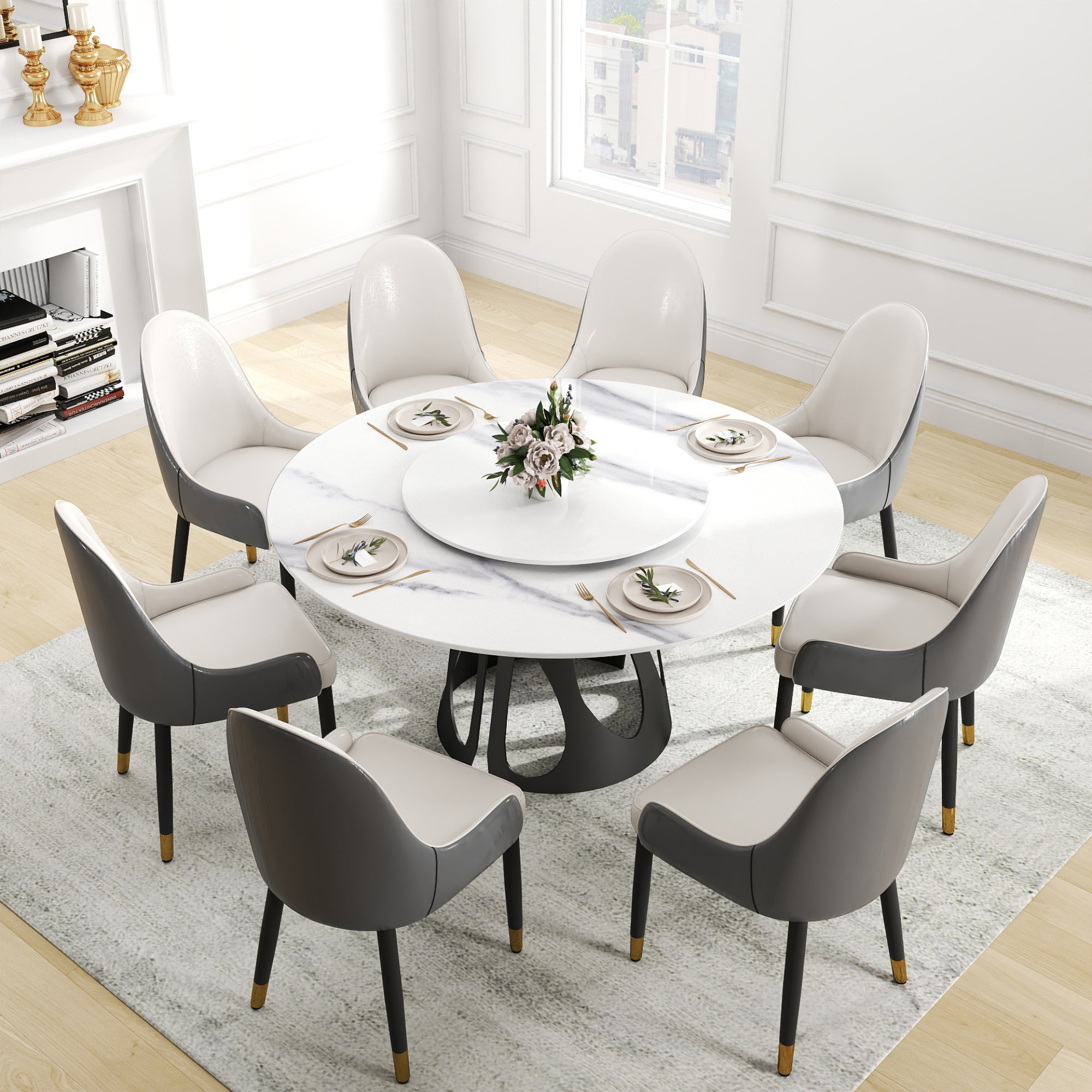 Everly Quinn Elegant Round Dining Table Set With Sintered Stone Modern ...