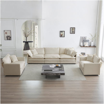 Ensemble de canapé 3, 1 + 1 + 3 sièges, ensemble de canapé de salon, fauteuil d'appoint, causeuse et canapé à trois places, ensemble de canapés à accoudoirs ronds de style moderne 3 pièces, chenille beige