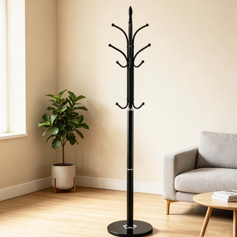 Portemanteau autoportant en métal avec base en marbre, portemanteau noir avec 12 crochets pour le vestibule