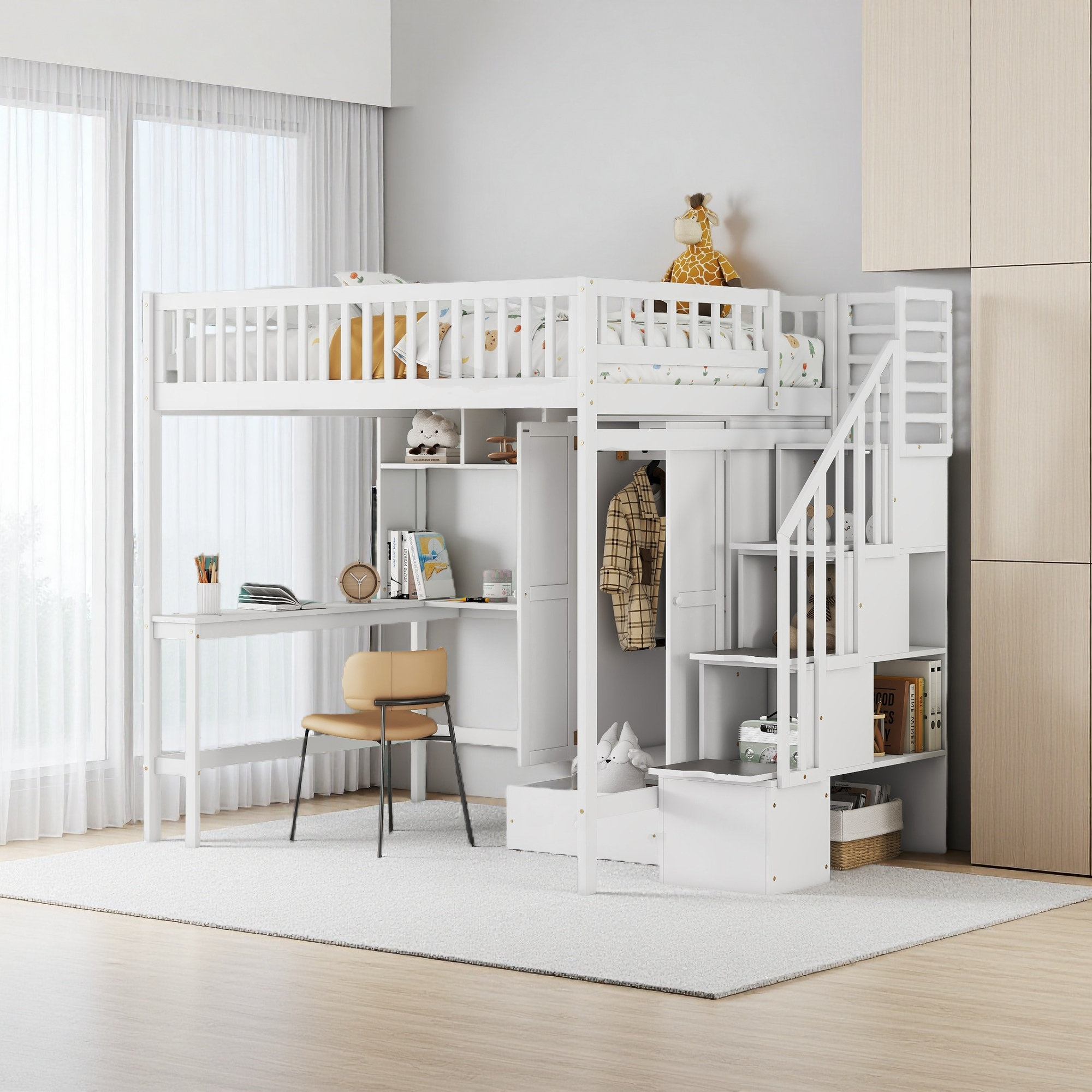 Harriet Bee Full Size Loft Bed With Bookshelf,Drawers,Desk,And Wardrobe ...