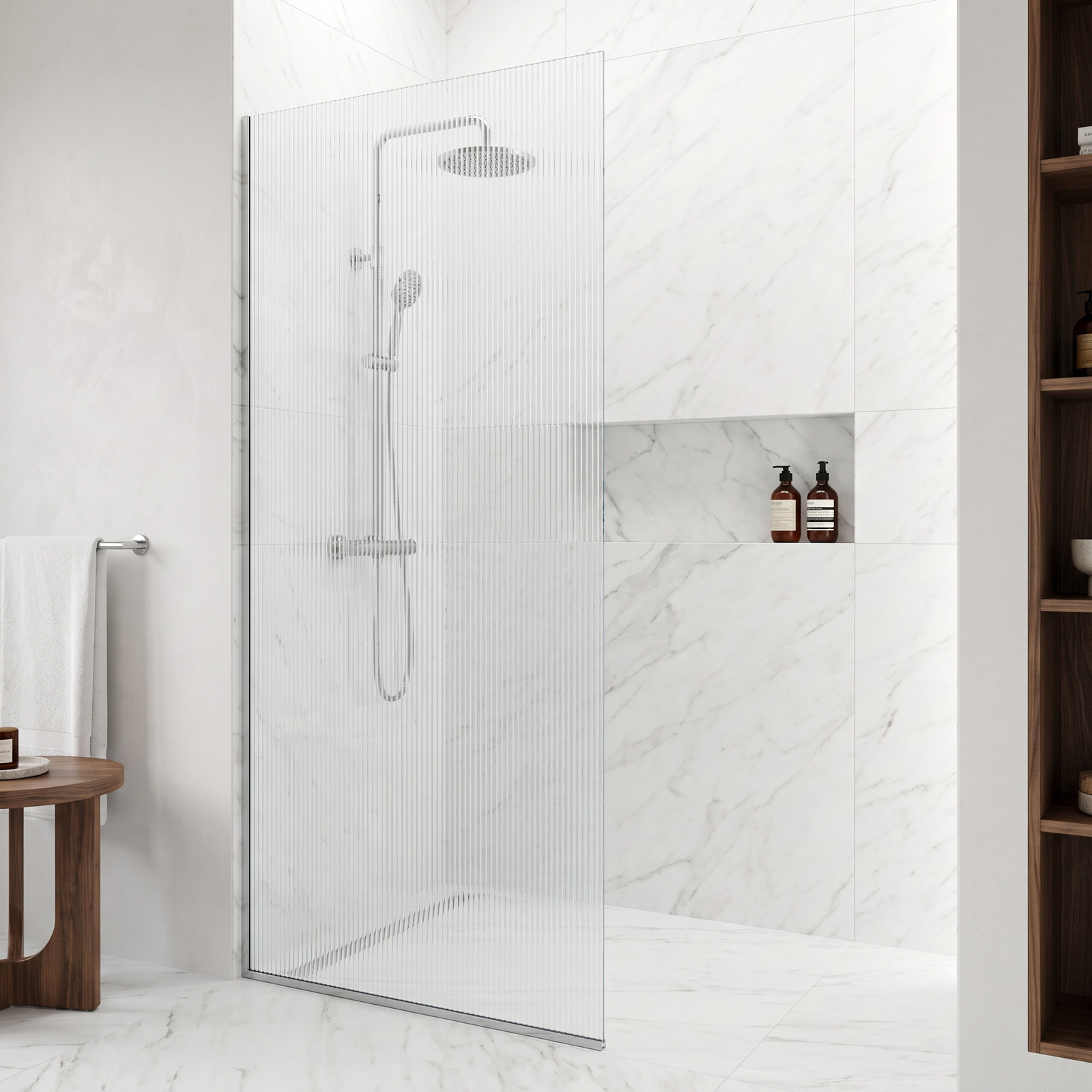 Zenith Frameless Fixed Shower Screen, Chrome Fluted