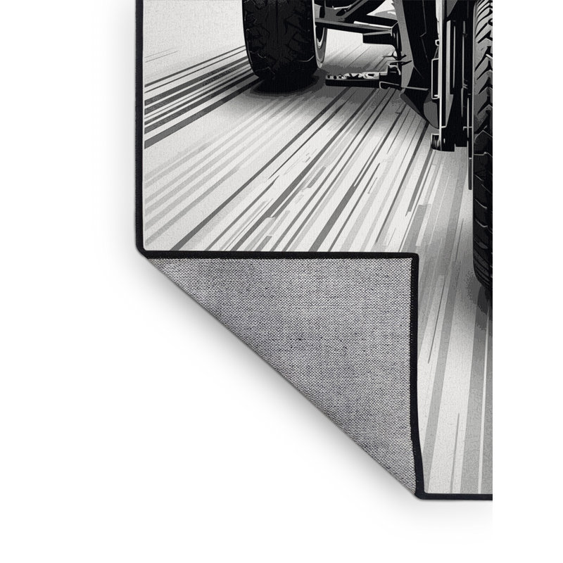 Machine Washable Vehicles And Transportation Trike Motorcycle Modern & Contemporary Geometric Rug in Beige – Black Binding