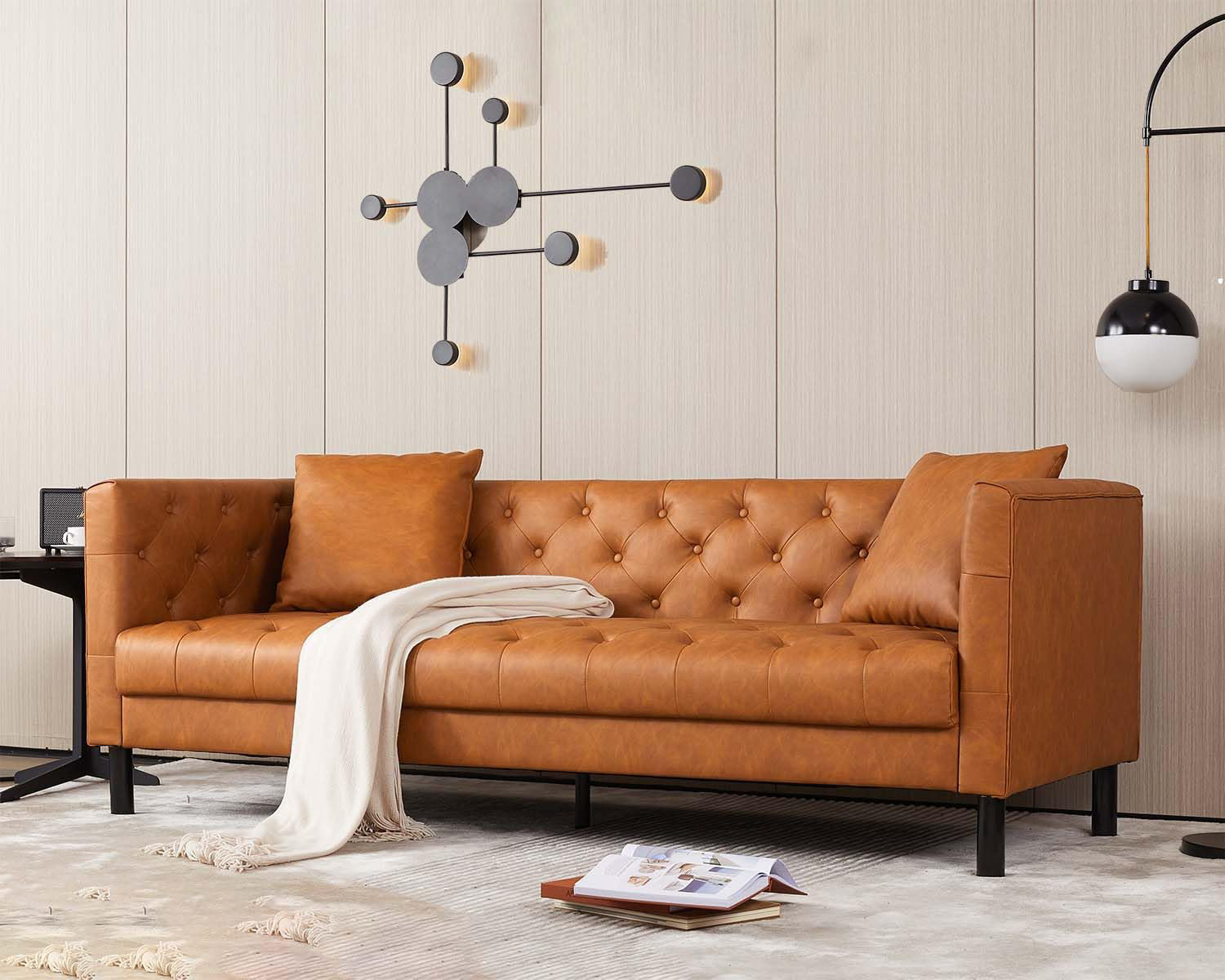 Ebern Designs 3 Seater Sofa With Tufted Back, Grain Leather Couch With ...