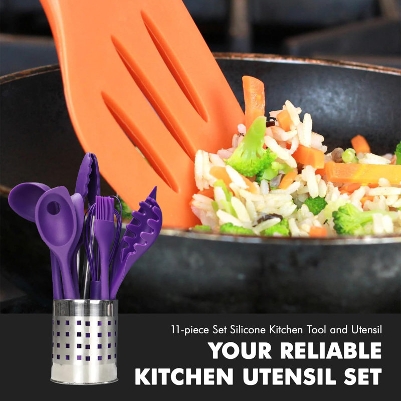 Premium Purple Silicone and Wood 11-Piece Cooking Utensil Set