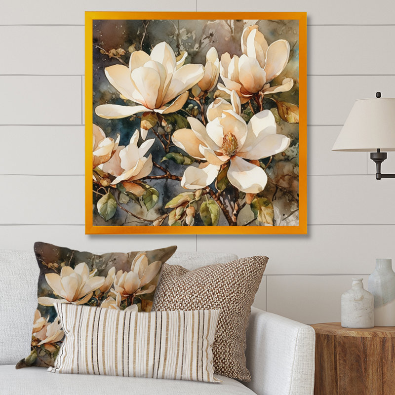 «Cream Magnolia Symphony», reproduction d'art sur toile, H 16 po x l 16 po x P 1 po, Cadre doré simple