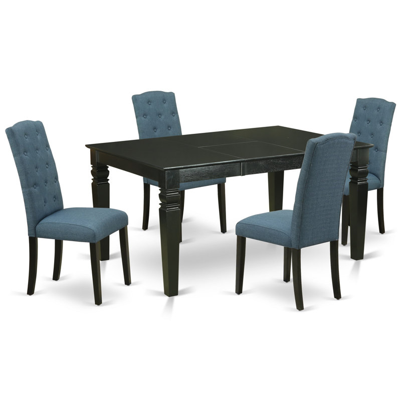 5 Piece Dining Room Set Includes a Rectangle Wooden Table with Butterfly Leaf and 4 Mineral Blue Linen Fabric Parson Dining Chairs, Black