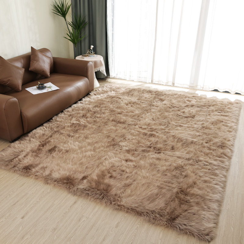 Malaiah Shag Faux Sheepskin Fur Area Rug in Beige, Rectangle 9' x 12'