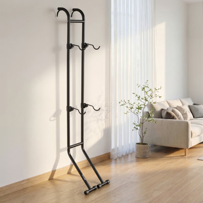 Bike Stand for 2 Bikes, Freestanding Vertical Bike Storage Rack, with Height-Adjustable Hooks, Heavy-Duty Carbon Steel Standing Bicycle Floor Stand, Ideal for Garage, Apartment, Home, Black
