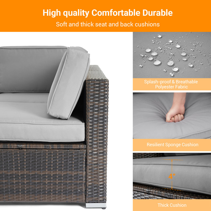 Ensemble de conversation en osier / rotin pour 6 personnes avec coussins Kavin, gris, Brun