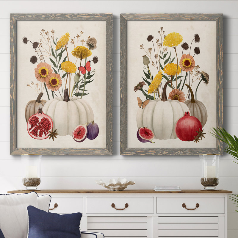 «Fall Botanicals I», ensemble de 2 peintures sur toile encadrées, Encadré gris, H 20 po x l 34 po x P 1,5 po