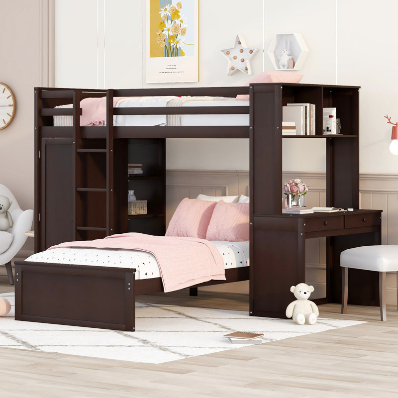 Loft Bed with a Stand-alone bed, Shelves,Desk,and Wardrobe, Twin, Espresso