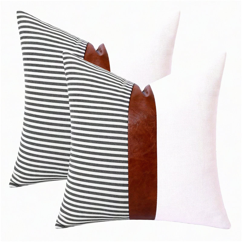 Modern Farmhouse Leather Stripe Throw Pillow Set - Brown - Linen Accent - Couch Bed Sofa Decor - Patchwork Design - 2 Inserts Included
