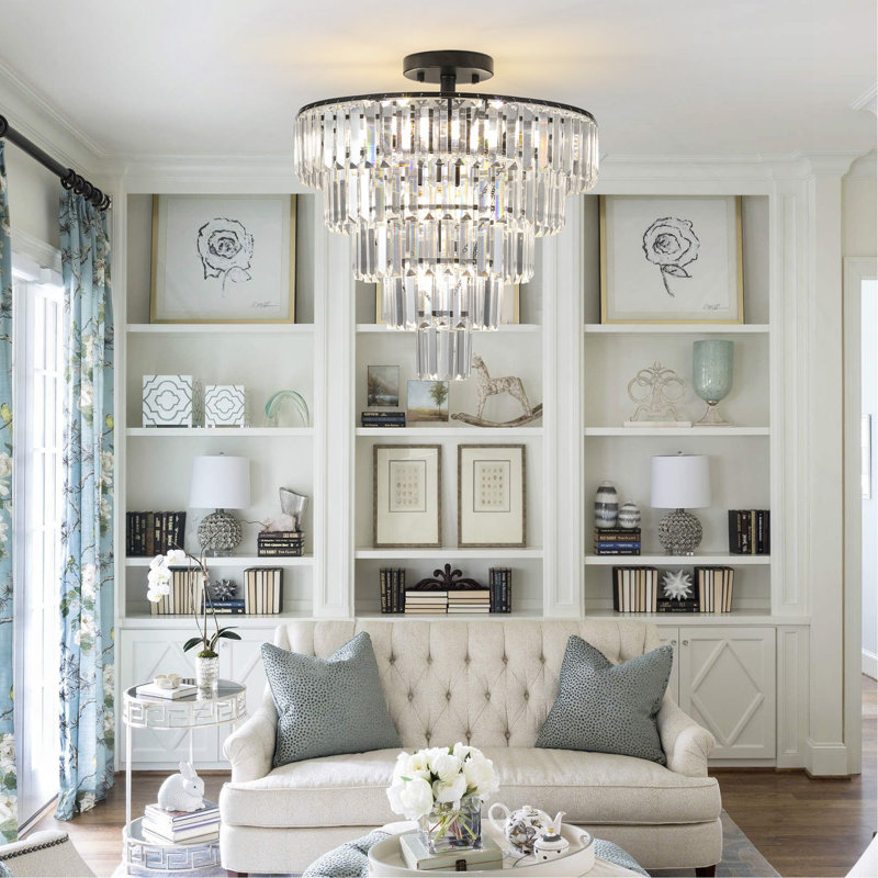 20" Black Crystal Chandelier Ceiling Light, Black, 10 Lights