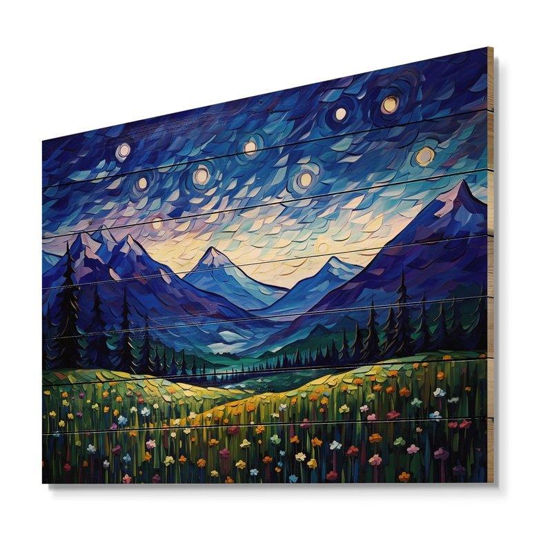 Vangogh nuit étoilée au-dessus des montagnes sur bois, H 30 po x l 40 po x P 0,78 po