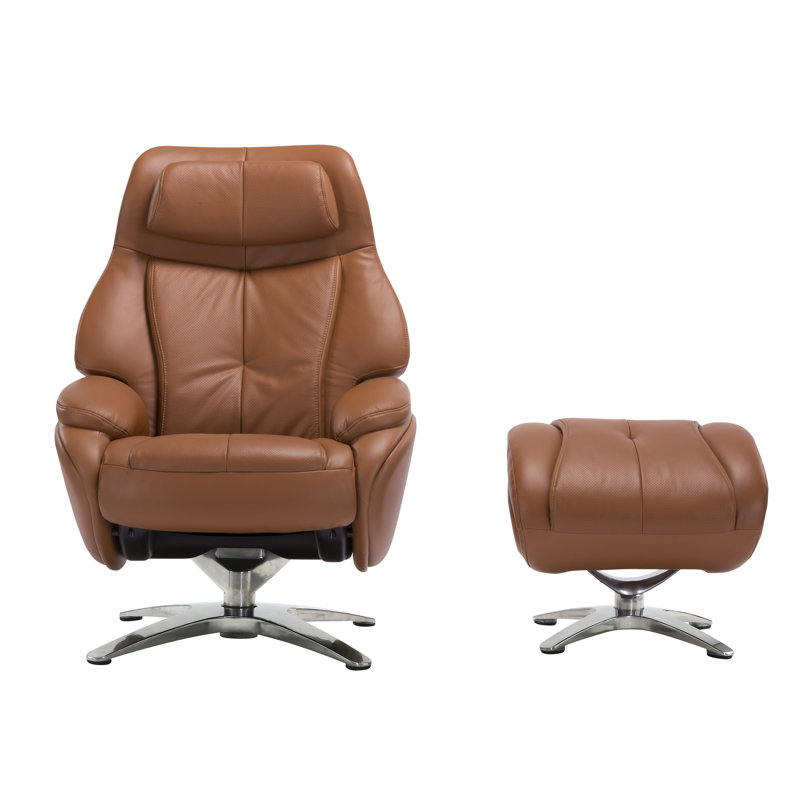 Yusef Upholstered Swivel Recliner, Tobacco Leather Match