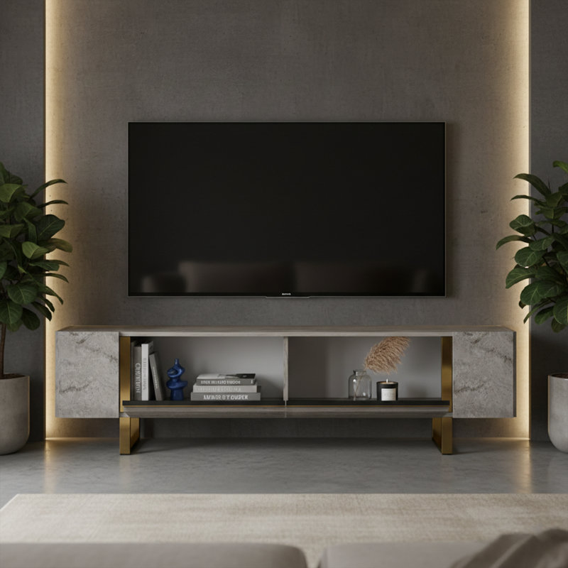 Metal Sled Base Legs Unique TV Stand For Tvs Up To 78'' With Reflective Stripe, Travertine/Gold