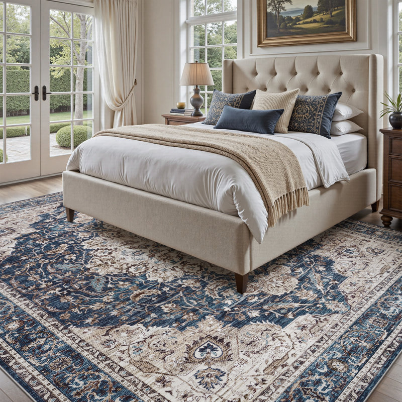 Soft Vintage Floral Non-Slip Washable Area Rug For Living Room, Bedroom Navy, Retangle 5' x 7', Blue/Beige/Ivory