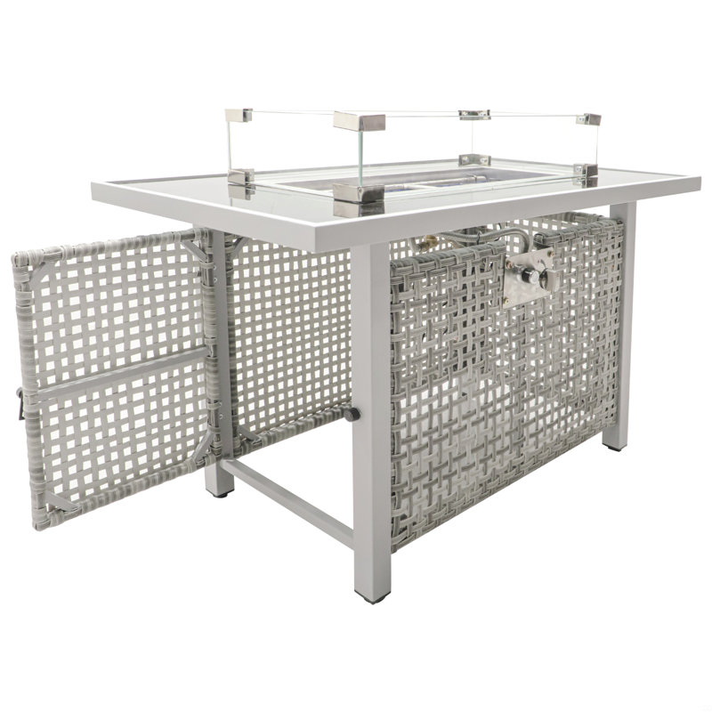 Gas Fire Pit Table, 60000 BTU Rectangular Open Weave Wicker Fire Pit With Glass Wind Guard, Gray