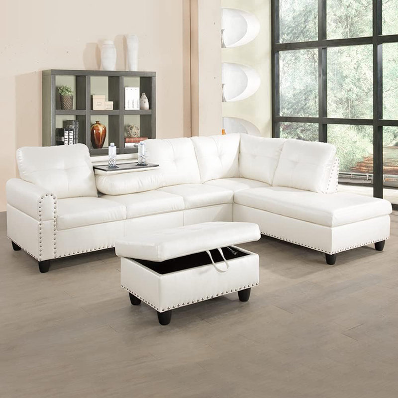 3-piece Synthetic Leather Sectional Sofa, White Faux Leather