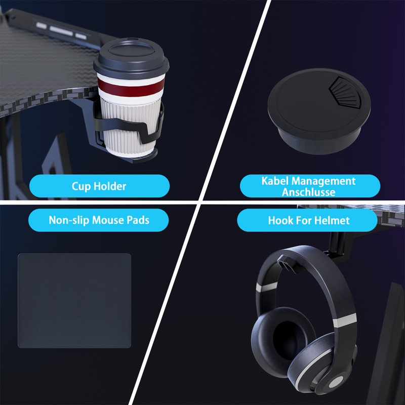 LED Gaming Desk, Gaming Table, Computer Desk with Drink Holder and Headphone Hooks, PC Table, Gamer Table, Gaming Table with Carbon Fibre Coating, M-Frame