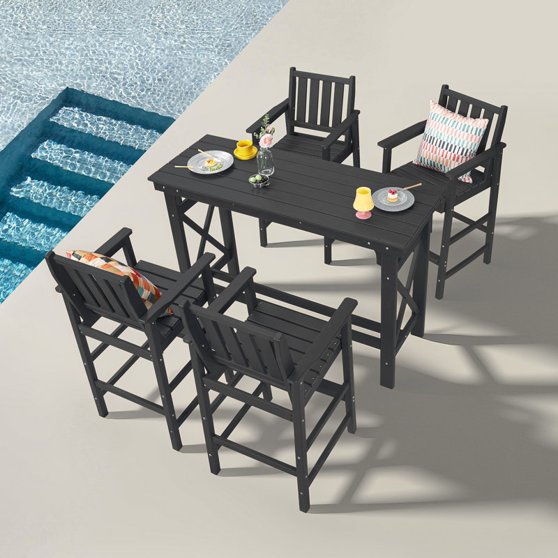 5-Piece HDPE Patio Bar Set, Rectangular Bar Height Table And 4 Adirondack Bar Chairs, All-Season Outdoor Bar Stools Set, Outdoor Bar Table And Chairs Set For Outside, Balcony, Deck