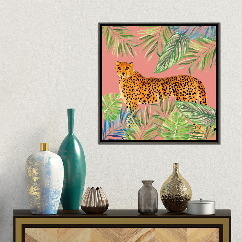 Tropical Cat II - Framed Wall Art Print, 18" H x 18" W, Framed Print without Mat, Gray