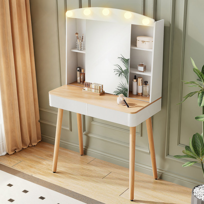 Petit meuble-lavabo avec miroir et lumières, grande capacité de rangement et miroir coulissant, ensemble de meuble-lavabo avec deux tiroirs cannelés, coiffeuse 3 couleurs d'éclairage (blanc)