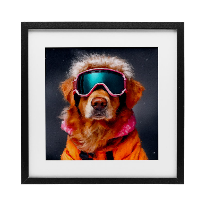 «Ski Dog with Goggles», reproduction encadrée sous verre, conception de Sean Parnell, H 16 po x l 16 po, Cadre noir minuit