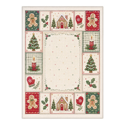 Tapis de salle à manger lavable à poils courts, motif de courtepointe de Noël, ivoire et vert, avec bougies et moufles.