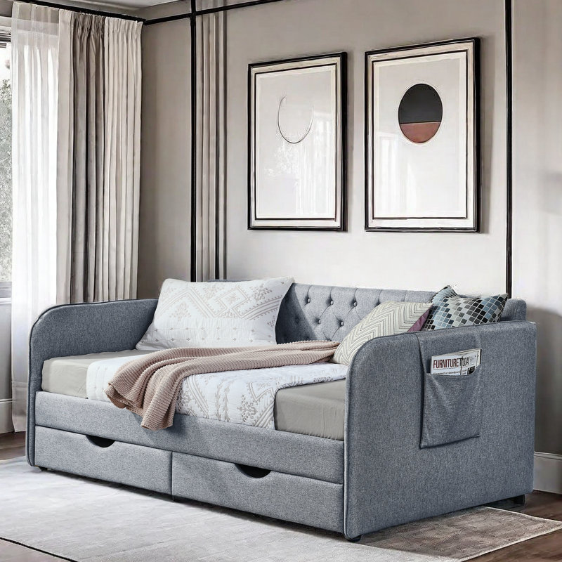Tanikia Upholstery Daybed with Trundle, Pocket and 2 Drawers, Gray